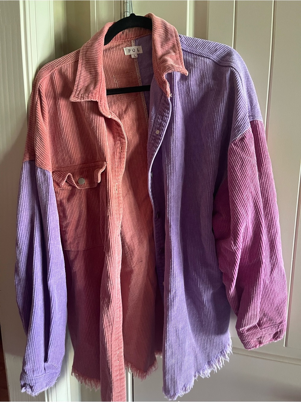 POL Colorblock Corduroy Shirt Jacket in Pink & Lavender